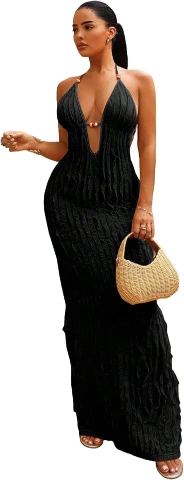 SISKIN Sexy Halter Backless Maxi Dress Sleeveless Deep V Neck Dress Beach Party Long Dresses