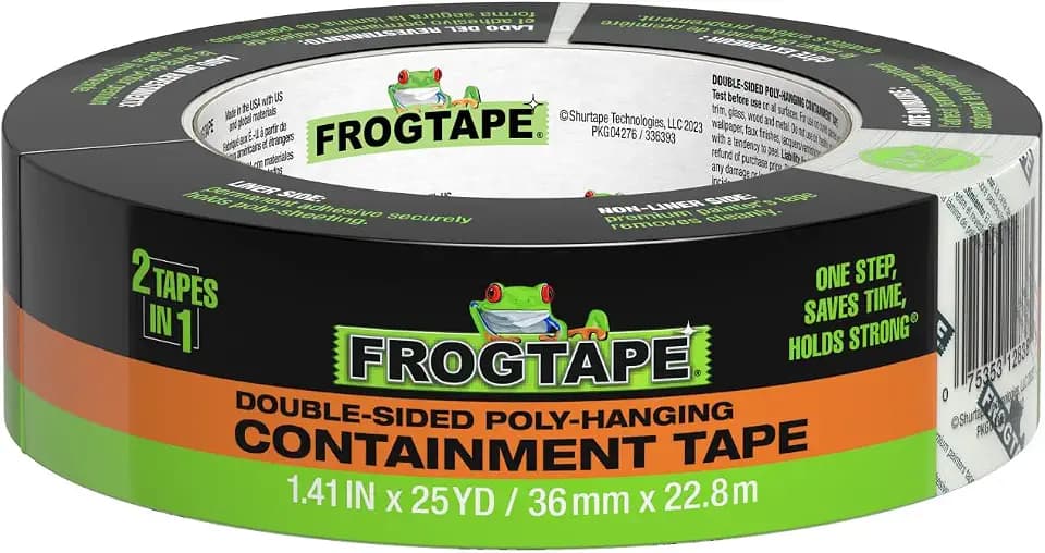 FrogTape DS 154 Premium Grade, Double-Sided Poly-Hanging Containment Tape, Sticks to Plastic Sheets, for Remodeling and Remediation, 36mm x 25yds, Natural, 1 Roll (243049)