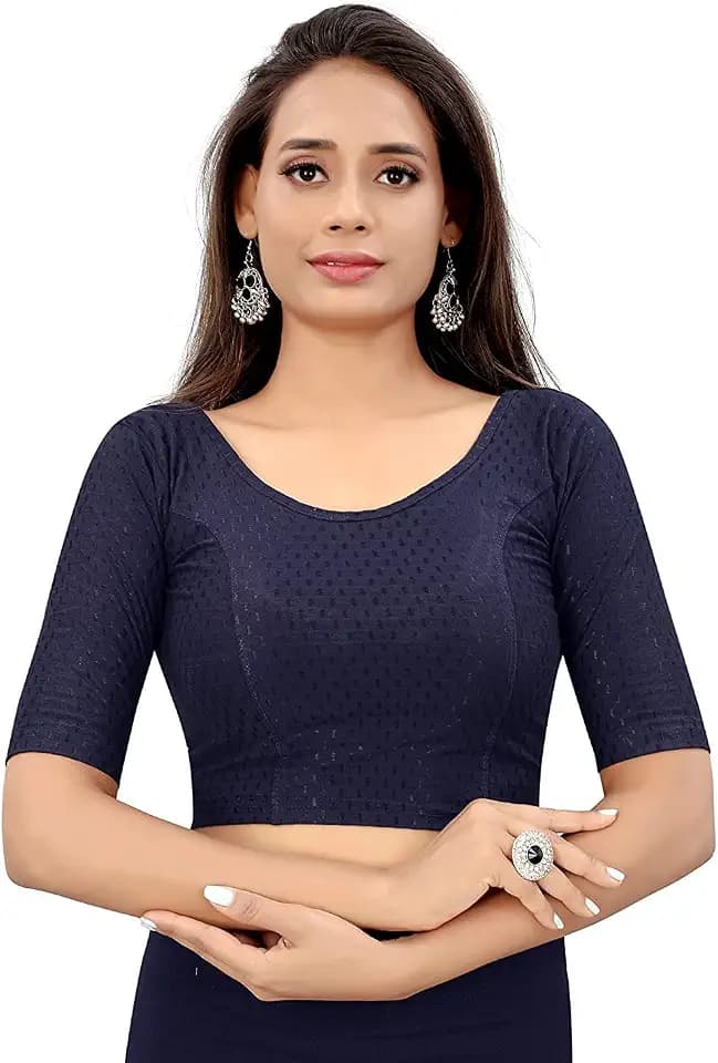 Round Neck dobbyCotton Lycra Stretchable Elbow Sleeve Readymade Blouse for Women
