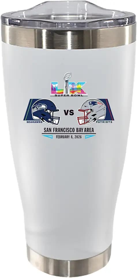 The Memory Company Officially Licensed NFL Seattle Seahawks vs. New England Patriots 2025 Super Bowl LX Dueling 20oz Insulated Stainless Steel Travel Mug Tumbler