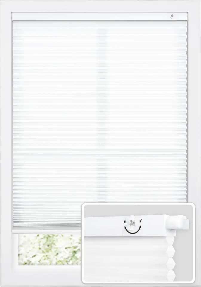 DEZ FURNISHINGS EZ Fit No Tools No Drill Cordless 1.5" Light Filtering Cellular Shade, 34.5" W x 72" H, White