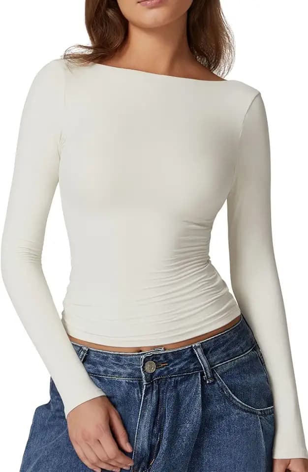 QINSEN Women's Sexy Open Back Long Sleeve Shirts High Neck Double Lined Tees Fitted Going Out Tops
