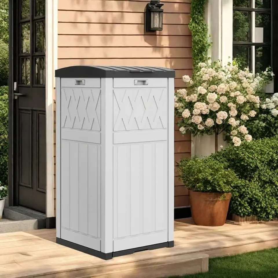 YITAHOME Outdoor Trash Bin with Layered Lid & Drip Tray 33 Gallon, Resilient Waterproof Garbage Can for Kitchen, Patio, Deck, Backyard, Grayish White