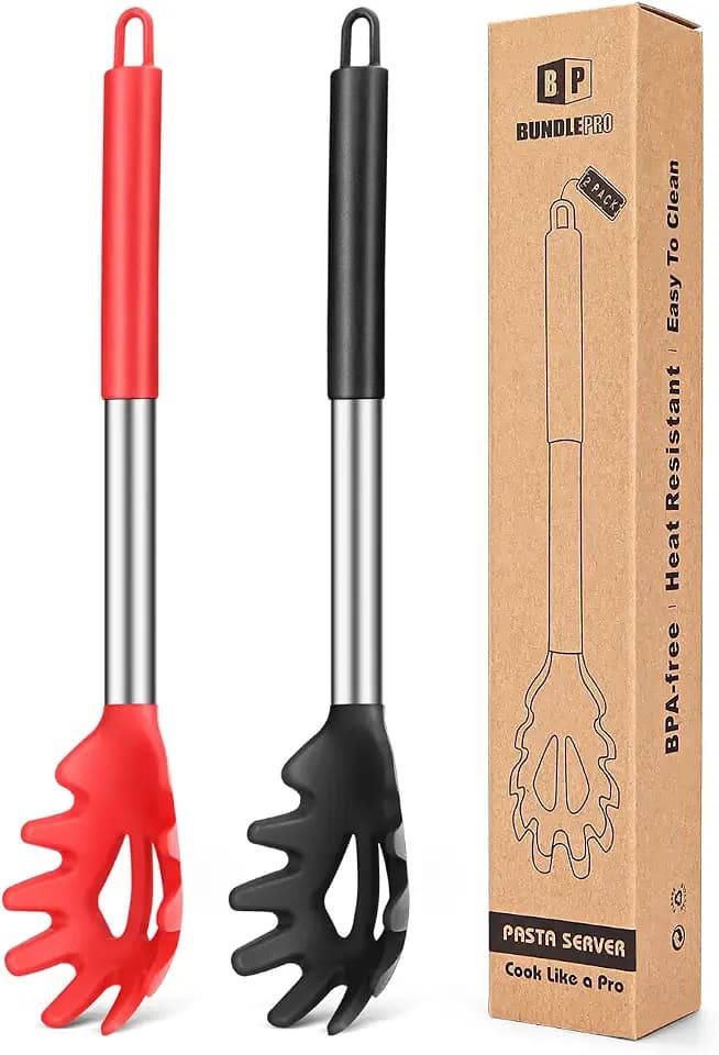 Silicone Pasta Fork, Kitchen Noodle Spoon Server, 2 Pack, Black-Red