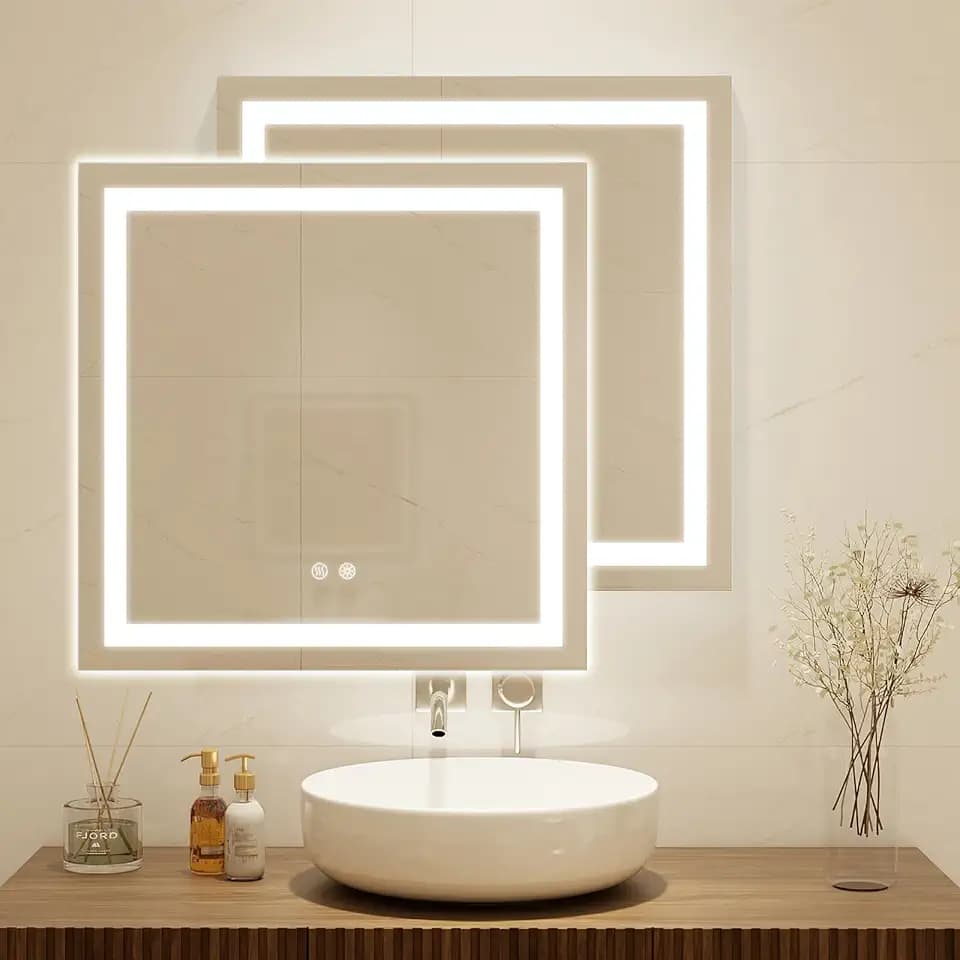 2PCS, 24 X 24 Inch Square LED Bathroom Vanity Mirror, 3 Colors Light Dimmable, Wall Mounted Memory Lighted Makeup Mirror with Anti-Fog Touch Switch (Front-lit&Backlit)