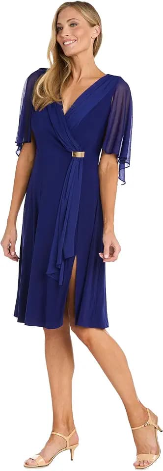 R&M Richards Women's Elegant Draped Wrap Waist Midi Dress W/Chiffon Capelet Sleeves & Side Slit