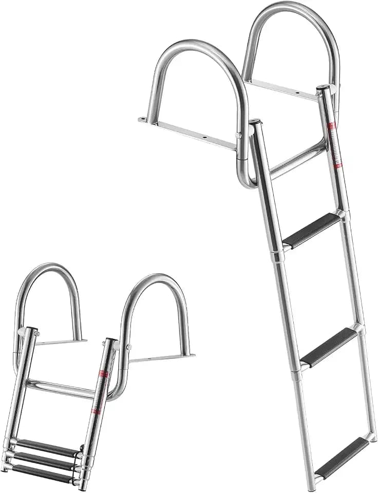 VEVOR Boat Ladder, 3 Steps Stainless Steel Telescoping Folding Swim Deck Ladder for Rear Entry Inboard, 600 lbs Capacity with Wide Non-Slip Steps & Handrails, for Outboards, Yacht, Pontoon Boats