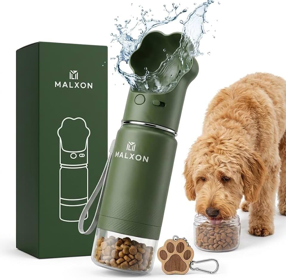 3-in-1 Trinkflasche Hunde für unterwegs – Hundetrinkflasche mit Futterbehälter & Pfoten-Trinknapf – 300 ml Wasserflasche Hund to go – auslaufsicher, BPA-frei – für Hunde & Katzen