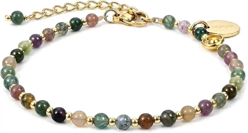 Morchic 3mm Natural Gemstone Beaded Bracelet for Women, Dainty Tiny Charm Jewelry, Adjustable 7.1-8.6" Ideal Birthday Holiday Gift
