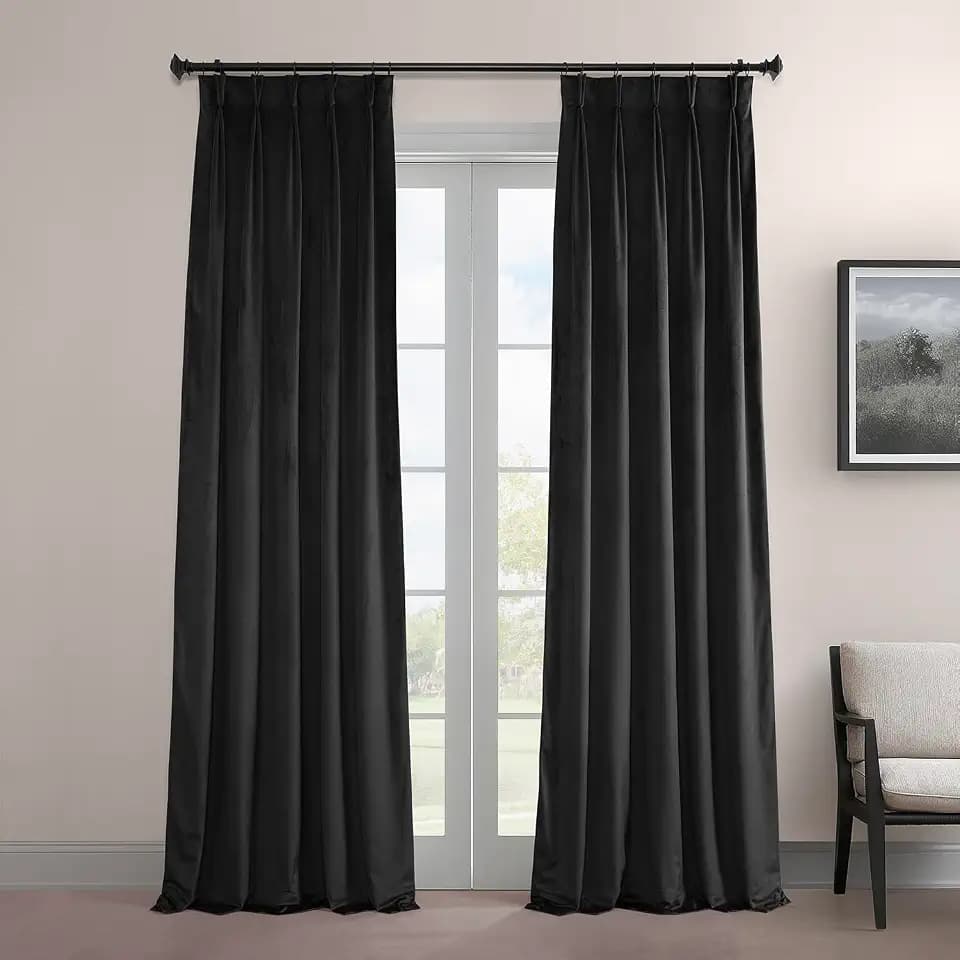Plush Velvet Pleated Blackout Curtains (1 Panel), 25W x 96L, Warm Black