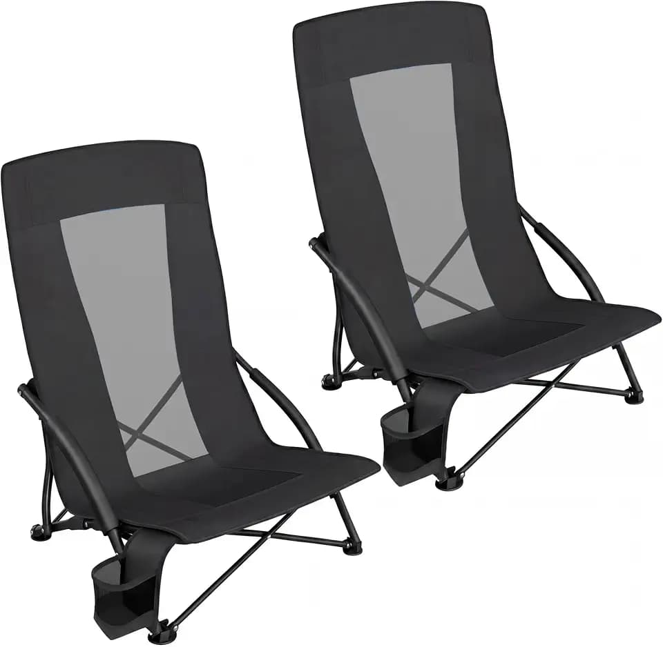 SONGMICS Set of 2 Portable Beach Chairs, High Backrest, Cup Holder