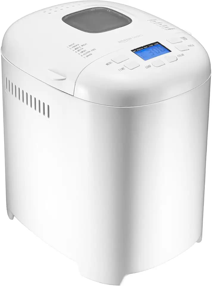 Amazon Basics Programmable Bread Maker, 2 Pound Non-Stick Automatic Bread Making Machine, 14 Settings for Breads, Doughs, Gluten-Free Options, ExpressBake, 3 Crust Colors, LCD Display, White