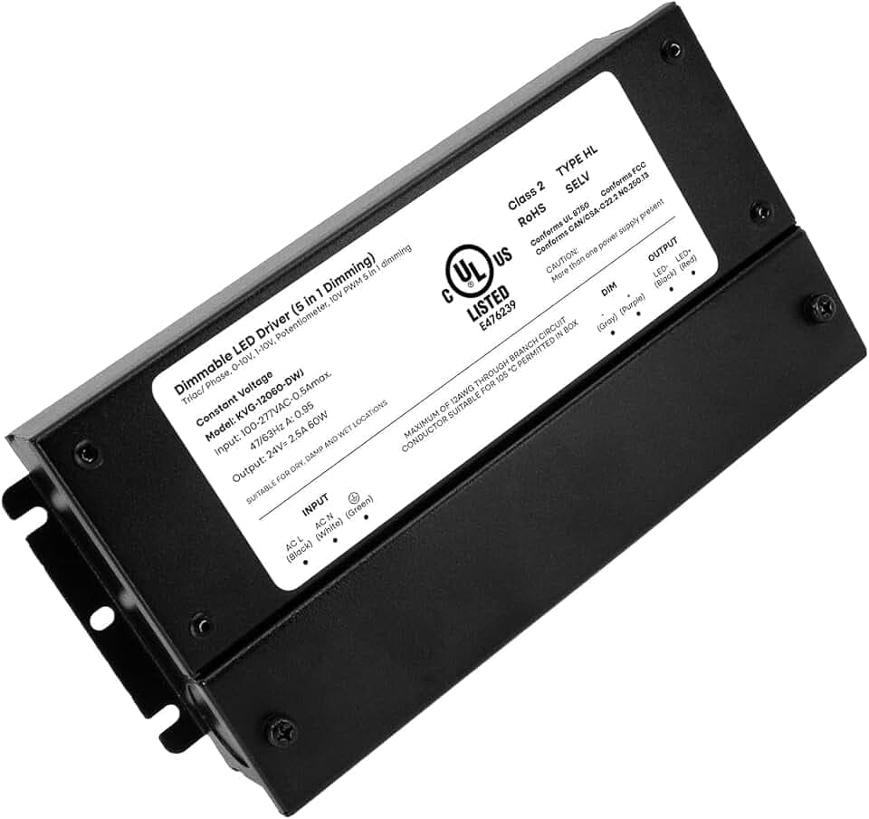 HitLights 24V 60W Dimmable LED Driver – Smooth Flicker Free Dimming – TRIAC, 0-10V, Phase Cut, & 10V PWM – Compatible with Lutron and Leviton Dimmer Switches, UL Listed, Class 2, 100-277V AC – 2.5A DC