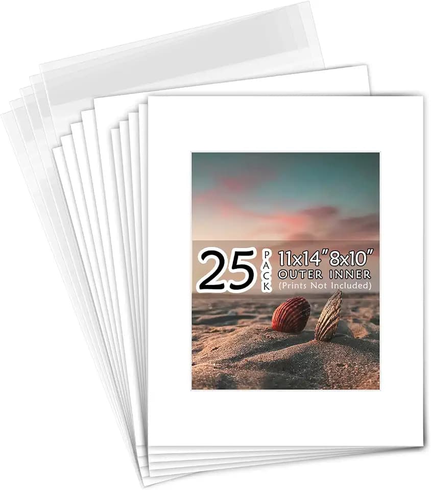 Golden State Art 25 Pack White Mat 11x14 for 8x10 Photo Matte+Backings+Bags