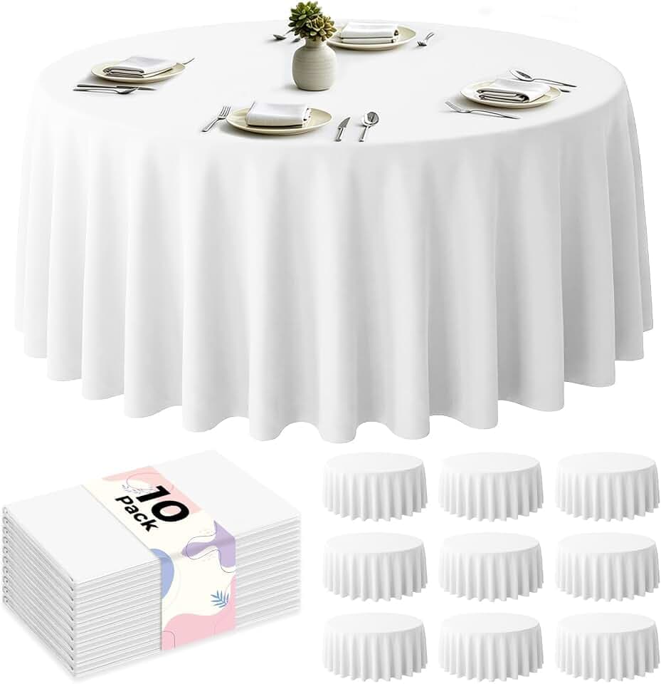 CXPSINC 96 Inch Disposable Plastic Tablecloth White, 10 Pack Round Premium Table Covers for Dining, Wedding, Party, Picnic, Indoor & Outdoor Use – Waterproof, Easy Clean (White, Round-96)
