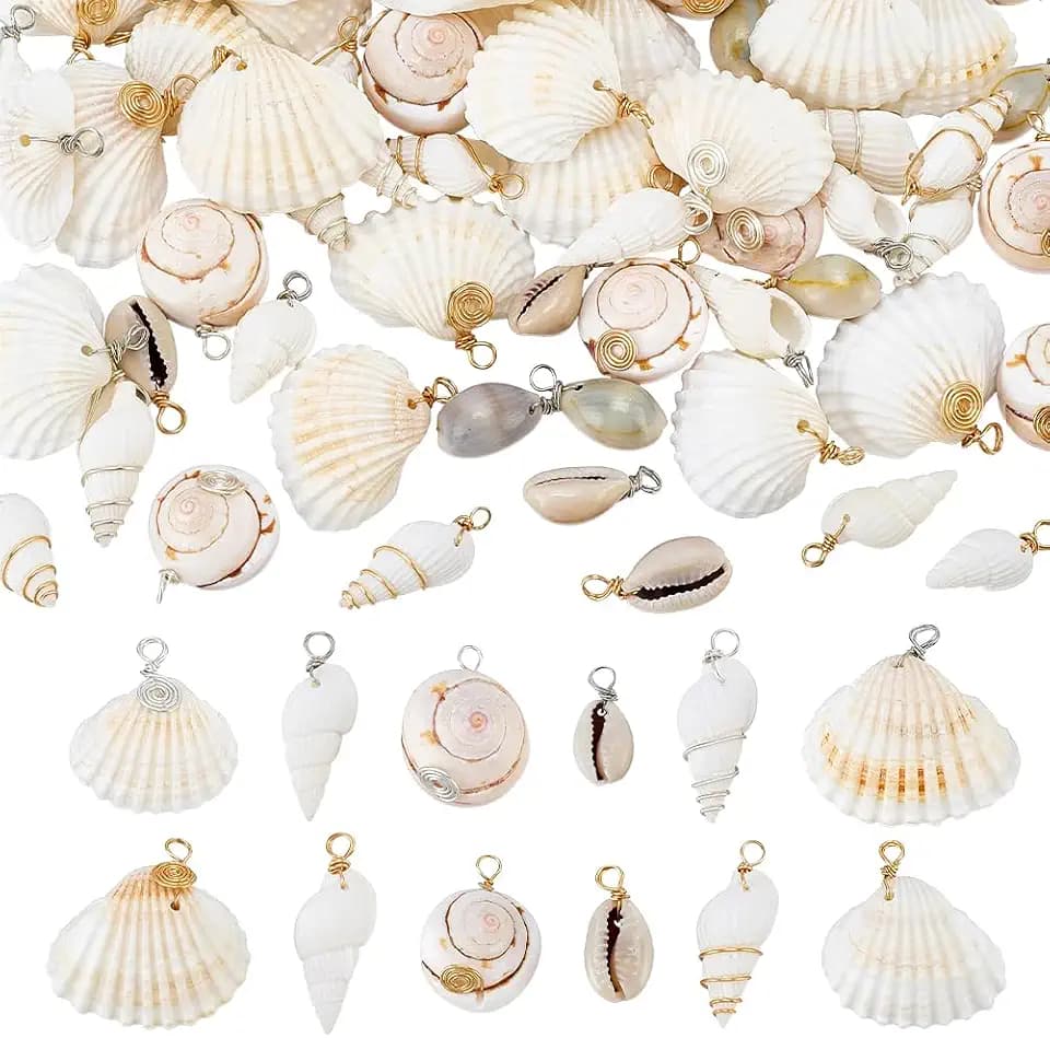 PH PandaHall 72pcs 12 Styles Natural Shell Pendants White Scallop Spiral Cowrie Shell Pendants Natural Seashells Charms Jewelry Charms for Jewelry Making Home Decor Wedding Summer Ocean Beach Party