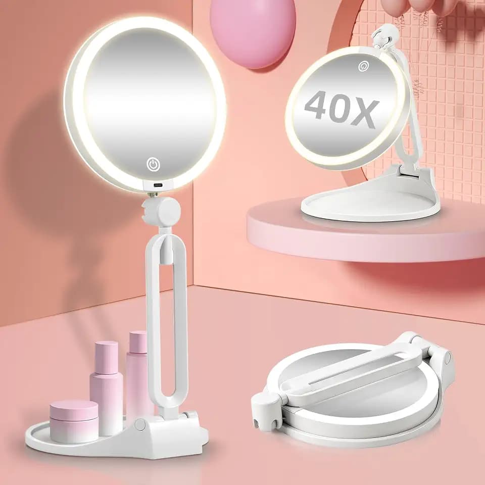 Travel Magnifying Makeup Mirror with Lights, Dual Sided 1X/40X, Foldable