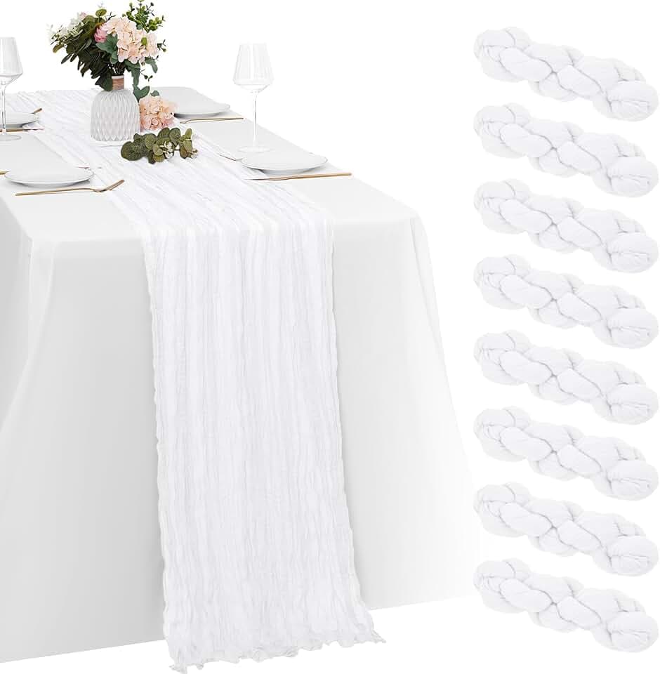 8 Pack White Cheesecloth Table Runners 20x120 Inch Gauze Table Runner Cheese Cloth 10FT White Table Runner Rustic Sheer Runner for Wedding Birthday Party Baby Shower Table Decor