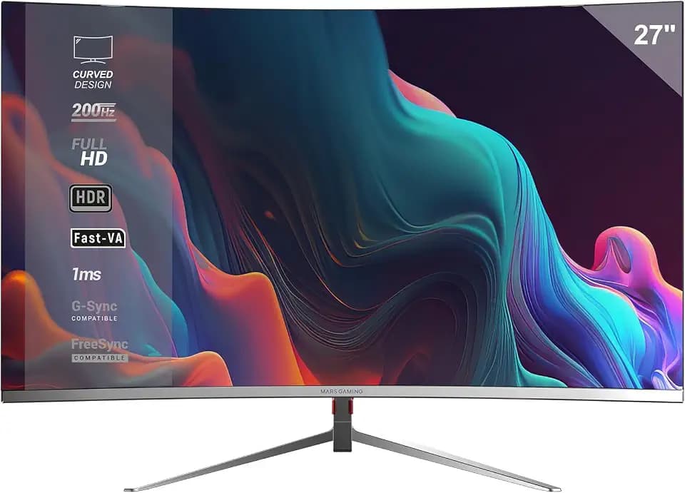 Mars Gaming MV-27C, Gaming Monitor Gebogen 27” FHD 1080p 200Hz, HDR10 1ms, FreeSync, G-Sync, Rahmenloser Monitor, Neigung 20°, Low Blue Light, Flicker-Free, HDMI + DisplayPort + 3,5mm Klinke, Weiß