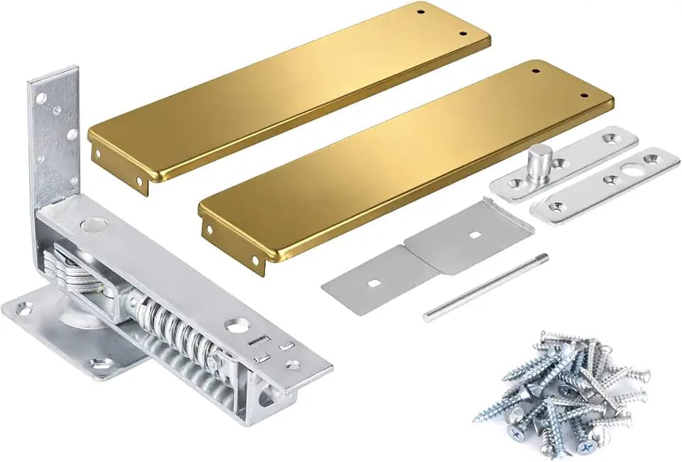 Double Action Spring Hinge, Includes Cover Plates, Stainless Steel Spring Pivot Hinge for Wood Door, Self-Closing Door Hardware with Adjustable Telescoping Shaft, Gold