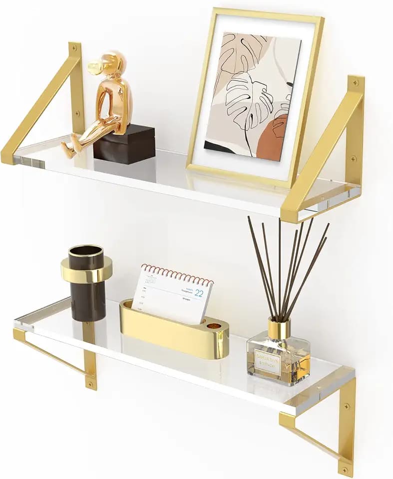 Clear Shelves, Gold Floating Shelves Wall Mounted Set of 2, 8mm Transparent Acrylic, Invisible Wall Shelves for Bedroom, Living Room, Bathroom, Kitchen, Office Display Decor (15in)