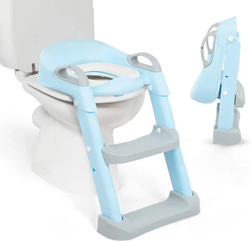 KikkaBoo Toilettensitz für Kinder mit Treppe LEA, Toilettentrainer, Zusammenklappbar & einstellbar, anatomischer Aufbau, Weiche, Herausnehmbare Polsterung, Griffe, Rutschfest, 18+ Monaten, Blau