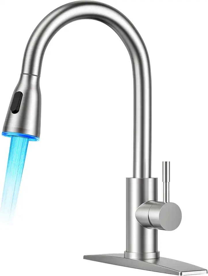 FORIOUS Kitchen Faucet with LED Light Sprayer, Single Hole, Brushed Nickel