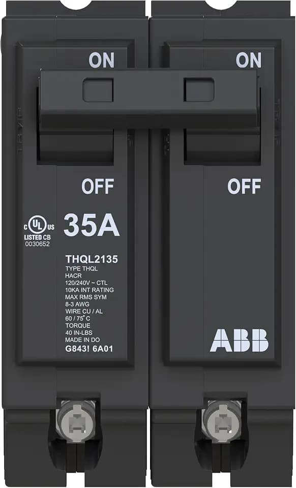 ABB Q-Line® THQL2135 Circuit Breaker • 35 Amp Double-Pole Breaker • 120/240 VAC • 10 kAIC Interrupt Rating • Thermal Magnetic Plug-On Breaker for Load Centers