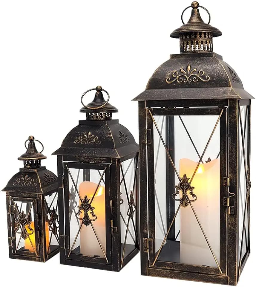 TRIROCKS Set of 3 Decorative Hanging Lantern 9.5/13.5/19" High Vintage Metal Candle Holder with Tempered Glass Perfect for Living Room Garden Yard Patio Parties Events Indoors Outdoors (Black)