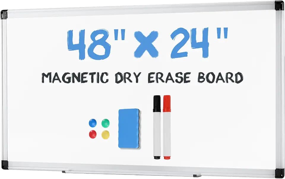 OLIXIS 24" x 48" Magnetic White Board, Dry Erase Board for Wall, Whiteboard with 1 Dry Eraser & 2 Multicolor Markers & 4 Magnetic Pins, Aluminium Frame for Home, School, Office, White