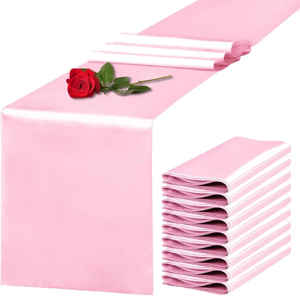 10 Pack Satin Table Runner 12 x 108 Inch Long Pink Silk Table Runner for Wedding Party Banquet Birthday Decoration