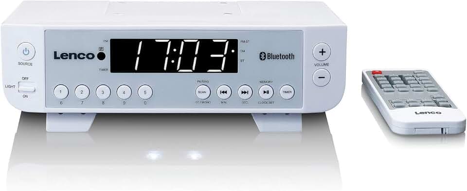 Lenco KCR-100WH - Küchenradio - Küchenradio Unterbau - Radio Küche | KCR-100 - Bluetooth - PLL FM - 5 Senderspeicher - 2 x 1 Watt RMS - Uhr mit Timer - Fernbedienung