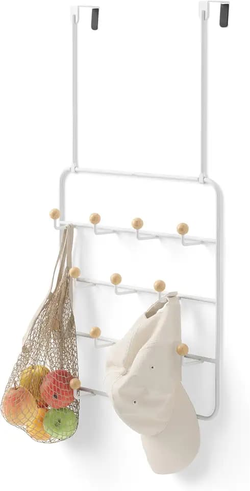 Umbra Estique Coat Rack, Over the Door Wall Hooks, 14 Hook, White/Natural