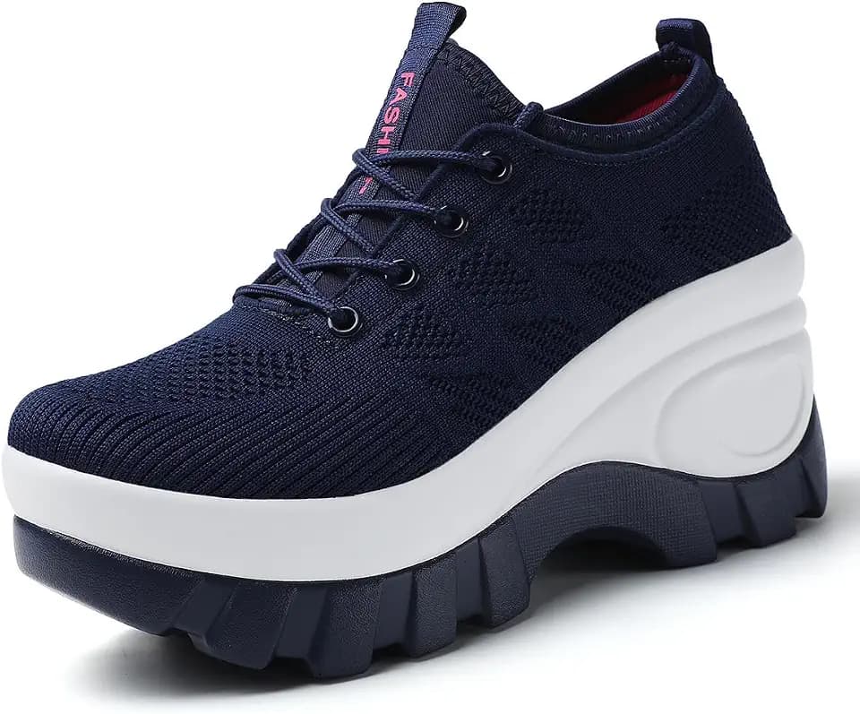 Women's Chunky Platform Comfort Orthopedic Wedge Walking Shoes Fashion Knitted Breathable Lace Up Lug Sole Casual Non-Slip Running Shoes with Arch Support