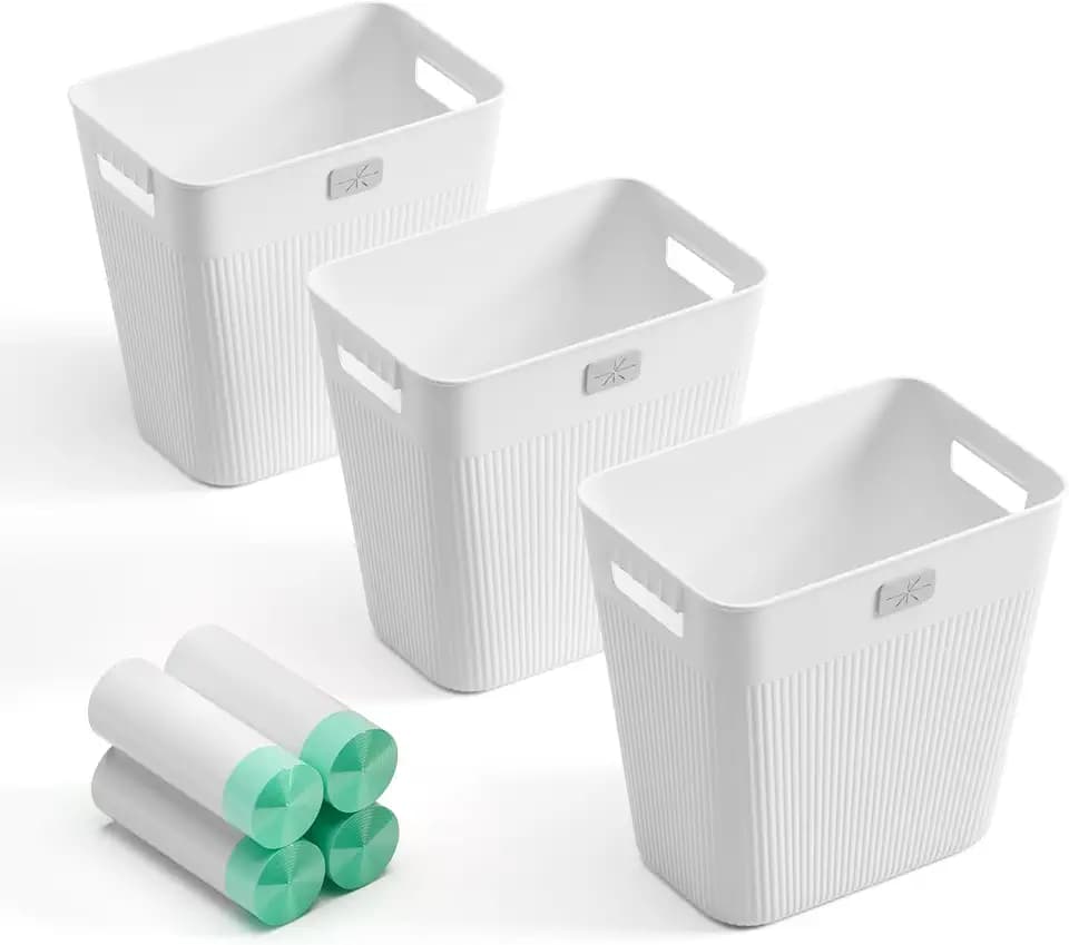 JOYMOOP Slim Trash Can 3-Pack, 2.2 Gallon Plastic Wastebasket for Bathroom, Bedroom, Office, Kitchen with 4 Rolls Bags, White