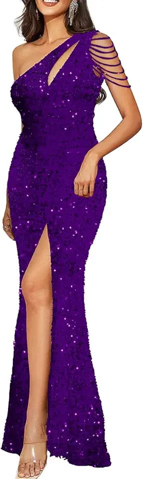 Cololura Women Sequin Elegant Sexy One Shoulder Tassel Oblique Collar Mermaid Bodycon Cocktail Evening Dress