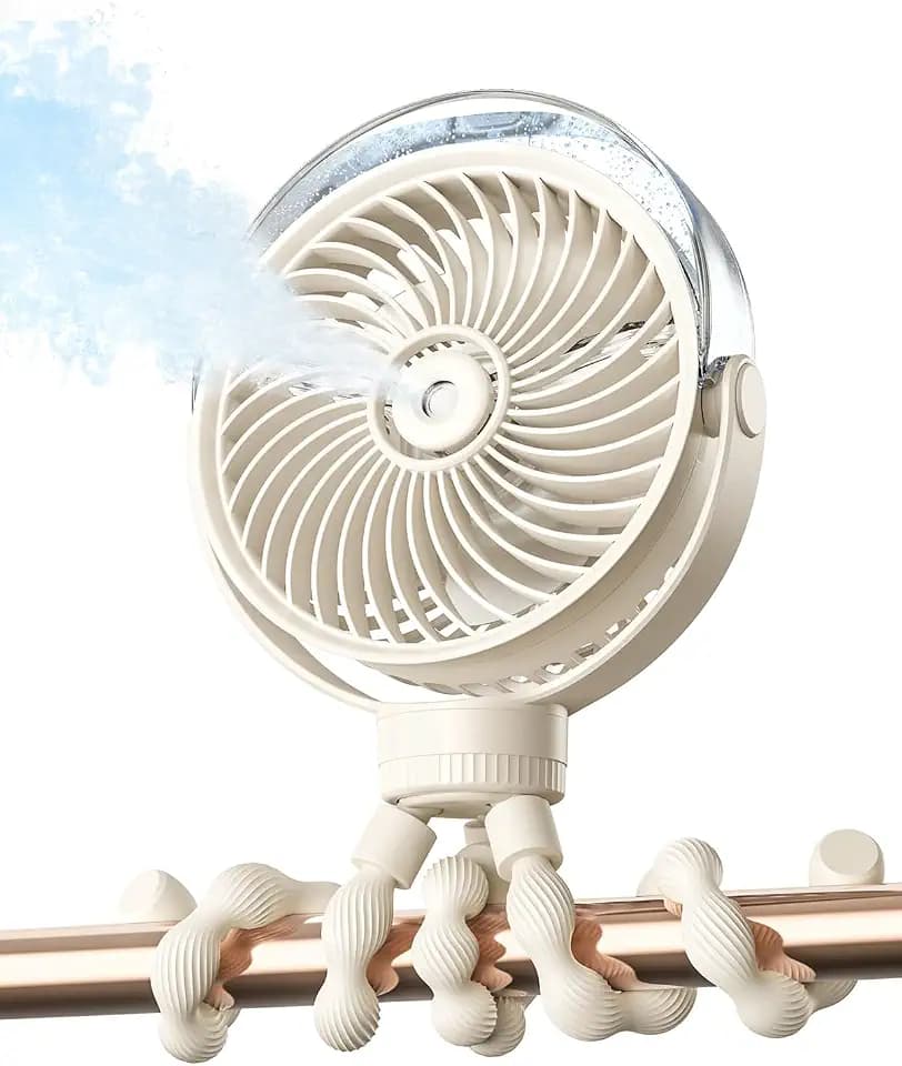 SWEETFULL Misting Stroller Fan – Portable Baby Fan with Spray Cooling, 4 Speeds, Quiet Rechargeable Fans for Travel, Outdoor, Golf Cart, Car Seat, Beach (Beige)