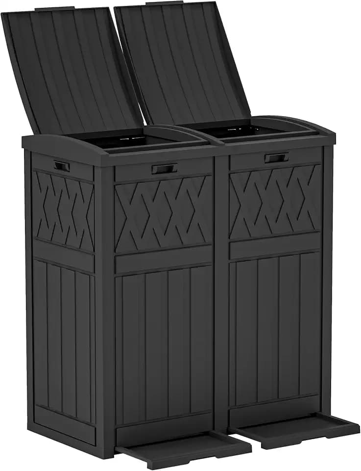 DWVO 72-Gallon Dual Outdoor Trash Can, Waterproof Resin Garbage Can with Tiered Lid & Drip Tray, Trash Bin for Patio, Deck, and Backyard, Black