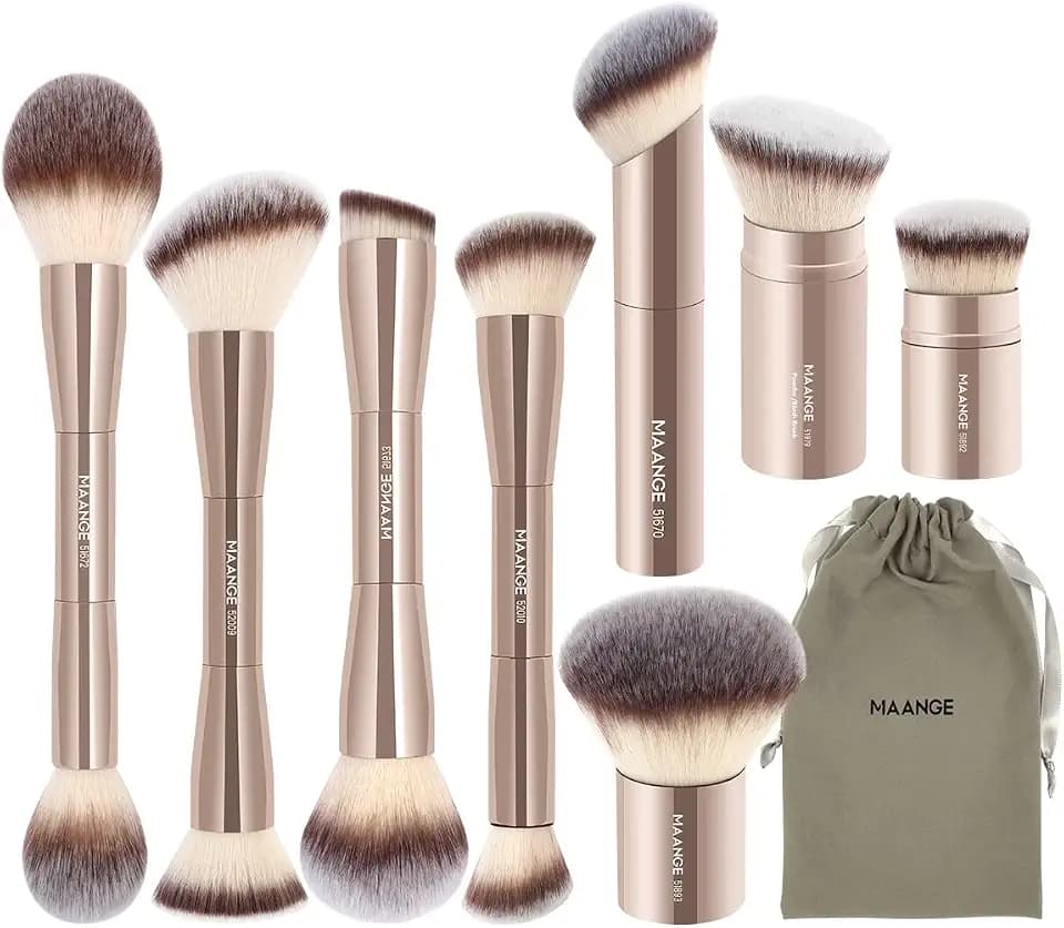 MAANGE 8 Pcs Makeup Brushes with Bag, Double-End Multi-functional Makeup Brushes for Blending Liquid Powder Concealer Cream Blush Buffe (Gold)