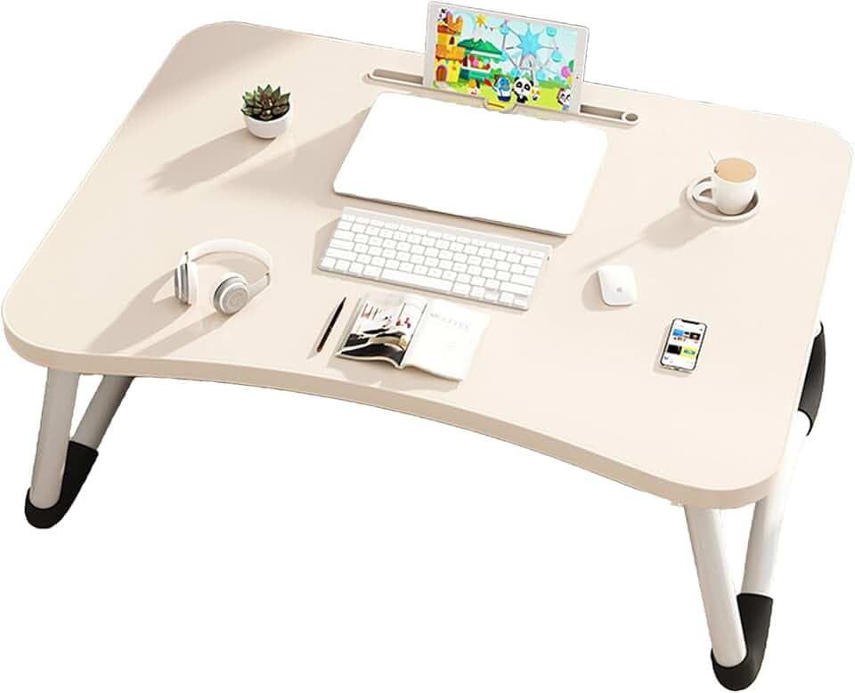 Foldable Laptop Bed Desk for Laptop, 23 Inch Portable Ergonomic Lap Desk with Cup Holder, Bed Tray Table Fits Up to 17" Laptops, for Work from Home, Gaming, Writing, Eating (White)
