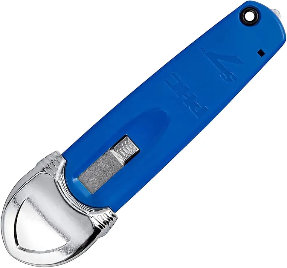 Pacific Handy Cutter S7 Safety Cutter, 3-in-1 Self-Retractable Utility Knife with Fold-Out Film Cutter, Bladeless Tape Splitter, Guard for Safety & Damage Prevention , Blue