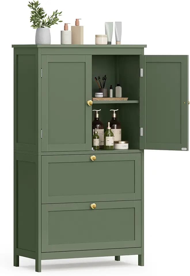 VASAGLE Bathroom Floor Cabinet with 2 Doors, 2 Drawers, Forest Green