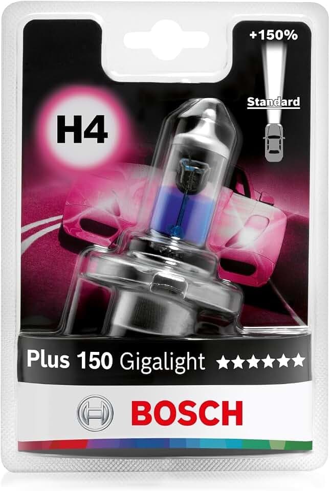 Bosch H4 Plus 150 Gigalight Halogen-Glühlampe für Auto-Scheinwerfer, 12 V 60/55 W, 150% mehr Licht - Lampensockel Typ P43t - 1 Ersatz-Scheinwerferlampe
