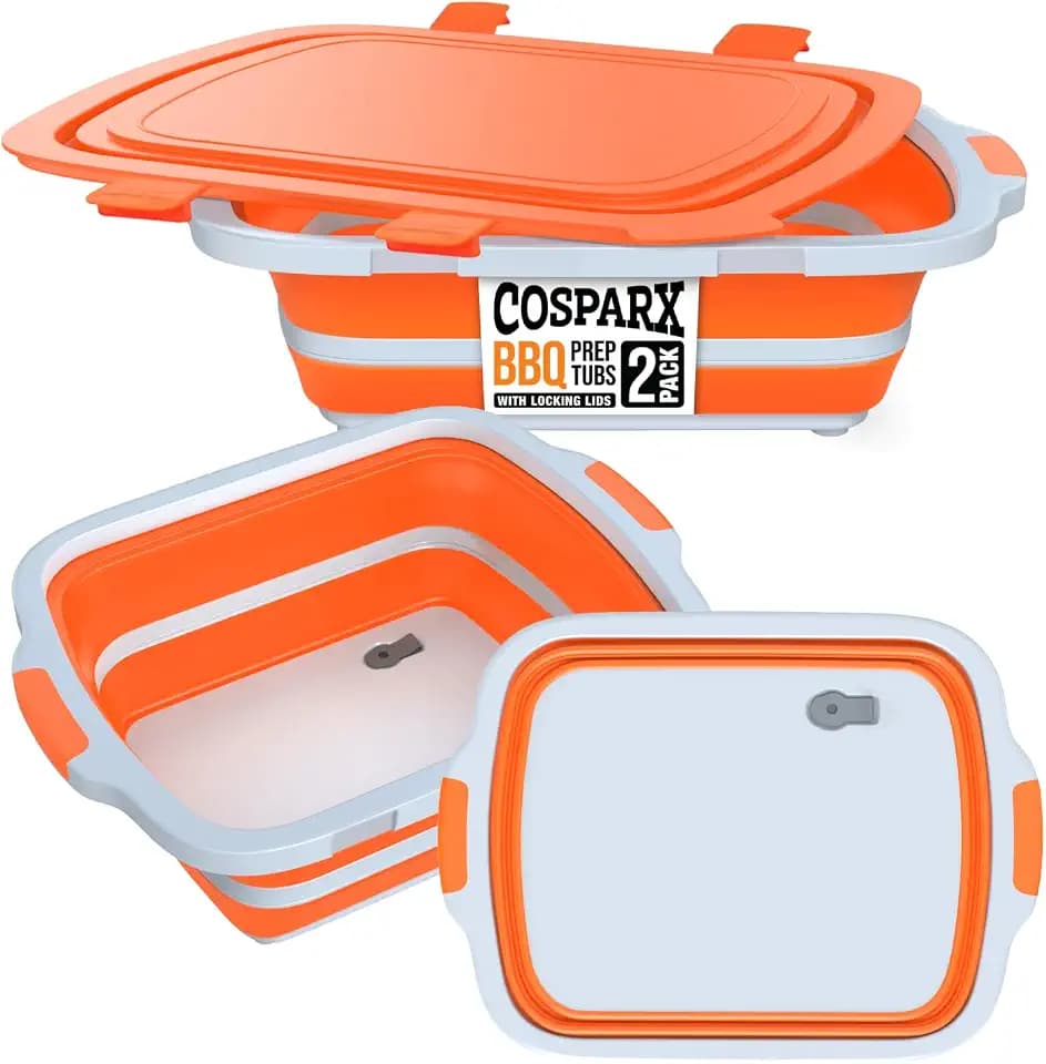 2-Pack XL Collapsible BBQ Prep Tub with Built-In Cutting Board, Lid & Strainer – Marinate, Drain & Prep – Large Food-Safe Container – Perfect for Grilling, Smoking & Outdoor Cooking