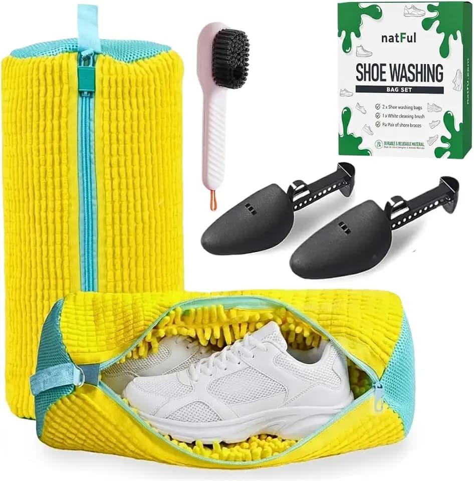 2-Pack Shoe Washing Machine Bag – Reusable Shoe Washing Bag with Brush & Shoe Trees, 360° Deep Cleaning Durable Sneaker Washing Machine Bag, Fits All Shoe Types & Sizes (Yellow, 15.35" × 7.87")