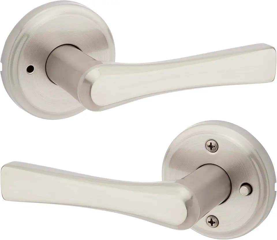 Kwikset Katella Interior Privacy Door Handle with Lock, Door Lever For Bathroom and Bedroom, Satin Nickel Reversible Keyless Push Button Lock Door Lever, with Microban Protection