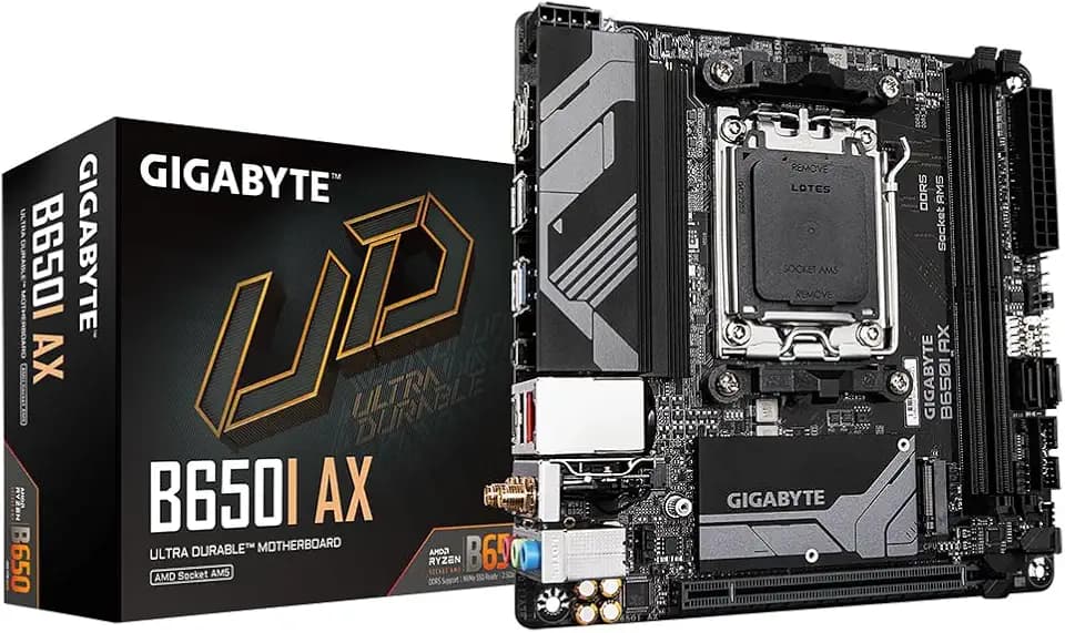 GIGABYTE B650I AX Mainboard - AMD Ryzen 9000er-Serie, 5+2+1 Phasen VRM, bis zu 6400 MHz DDR5 (OC), 1xPCIe 4.0 M.2, 2,5 GbE LAN, WiFi 6E, USB 3.2 Gen 2