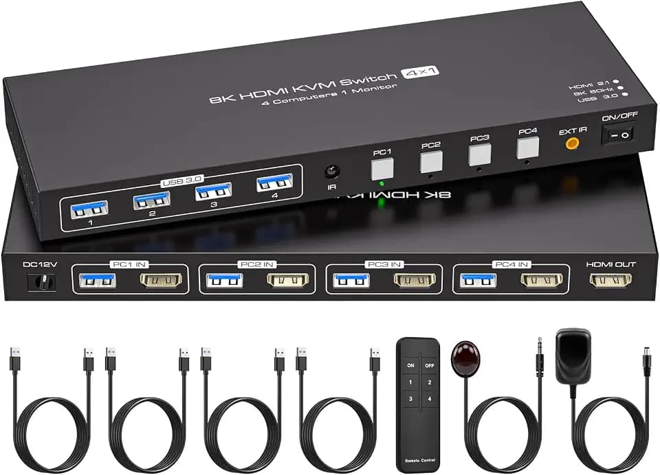 VPFET 4K144Hz HDMI 2.1 KVM Switch 4 PC 1 Monitore 8K60Hz Simulation EDID 4 port KVM Umschalter für 4 PC Teilen 1 Monitore und 4 USB 3.0 Devices Tastatur Maus Drucker mit 4 USB 3.0 Kabel