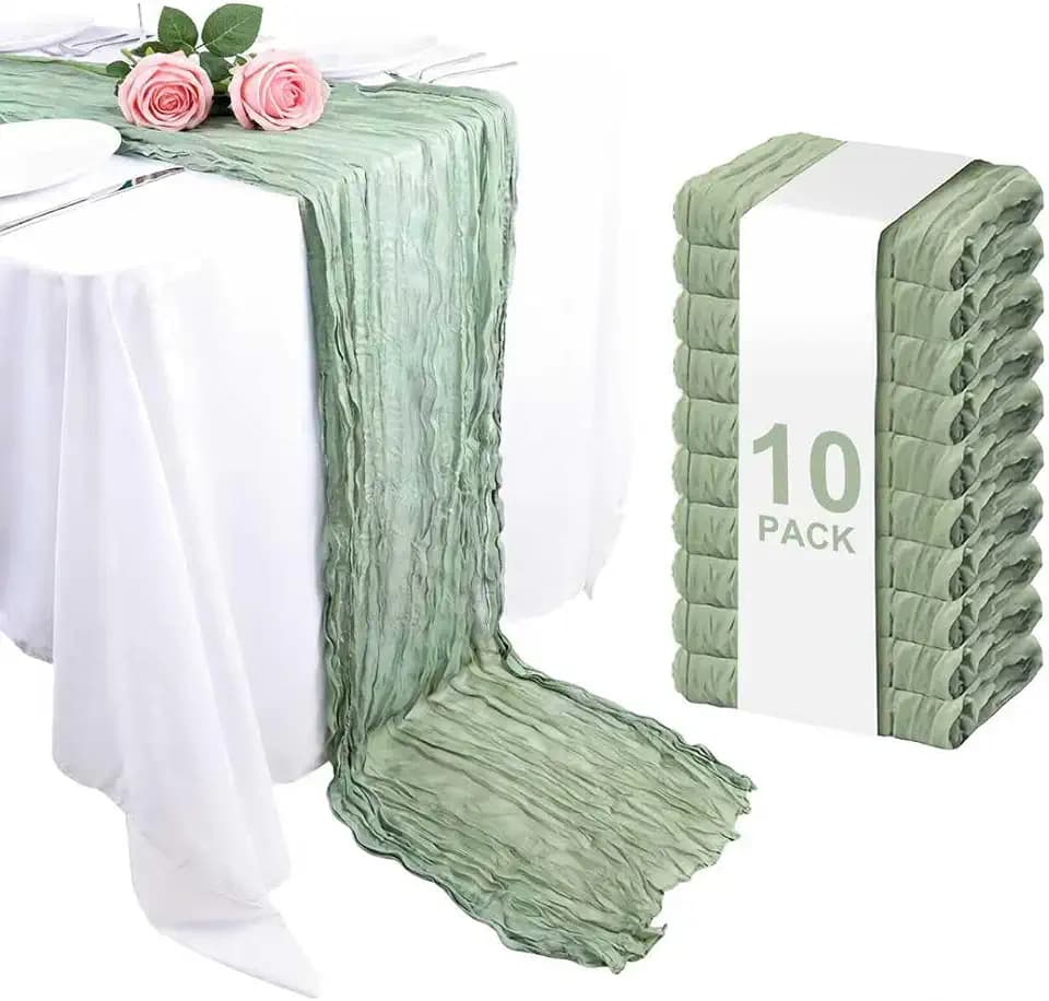 WIGENIUS 10 Pack Sage Green Cheesecloth Table Runner Semi-Transparent Fabric 35 X 120 Inch Boho Restic Gauze Table Runners for Wedding Party Baby Shower Decoration
