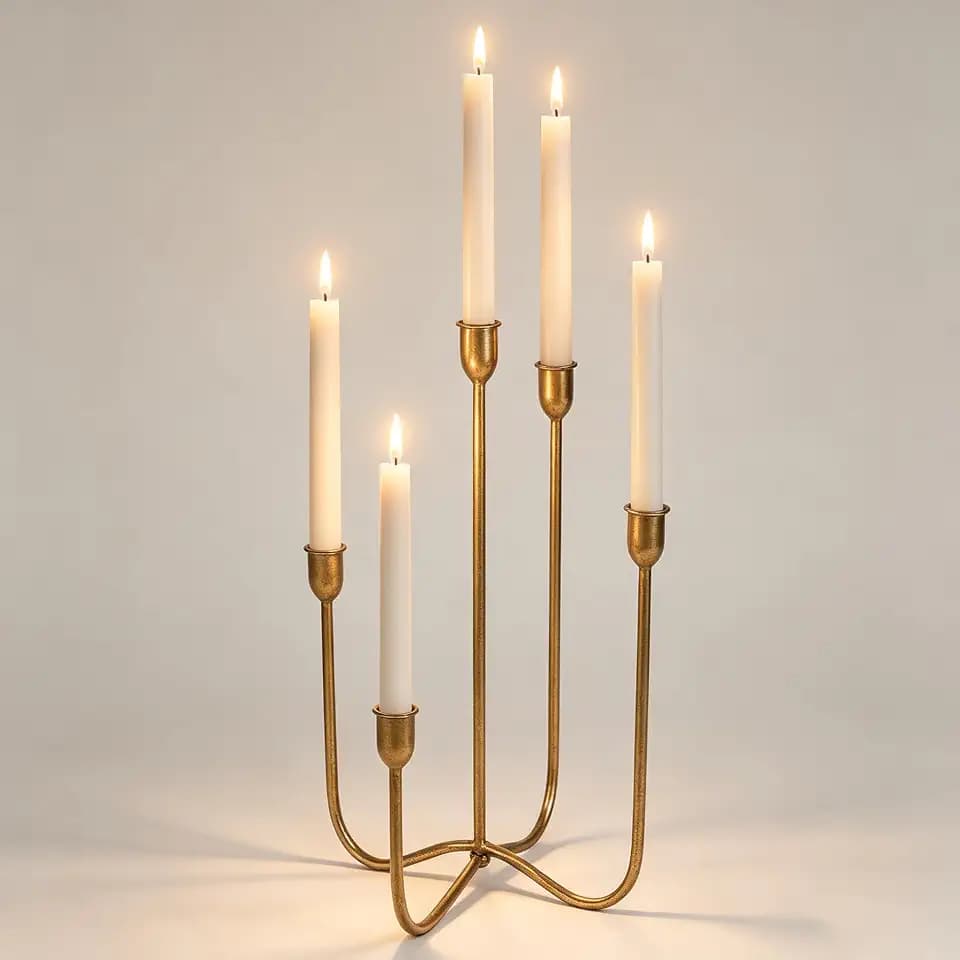5 Arm Gold Candelabra Taper Candle Holder for Wedding Table Decor Vintage Brass Finish Sturdy Metal Candlestick Stand for Home Mantel Party Event Banquet Table Centerpiece Decoration